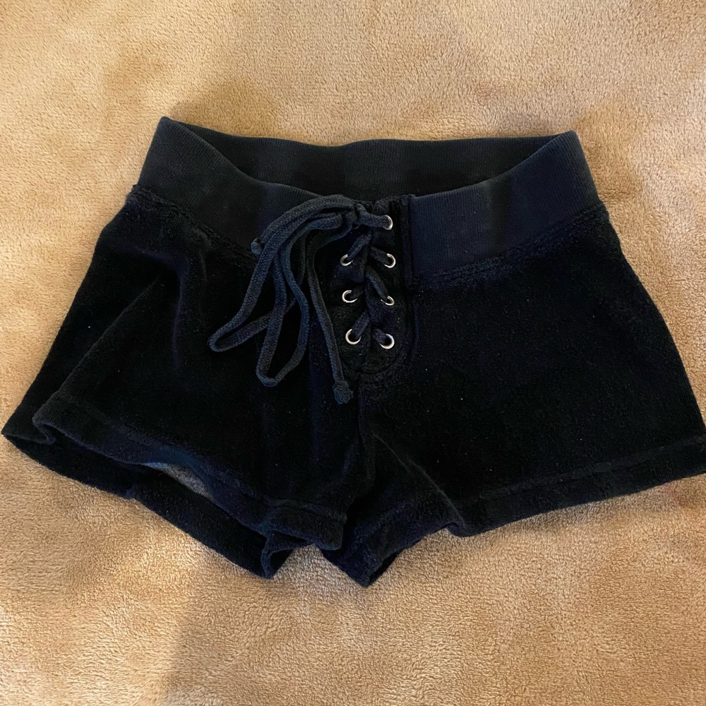 Women’s Hard Tail, Size S small, black terry shorts with lace up front tie